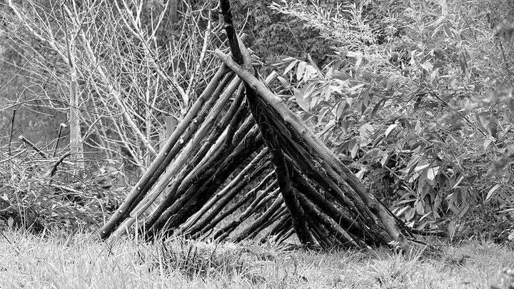 Sticks leaned on both sides of a ridgepole, making a steep wedge-shaped frame