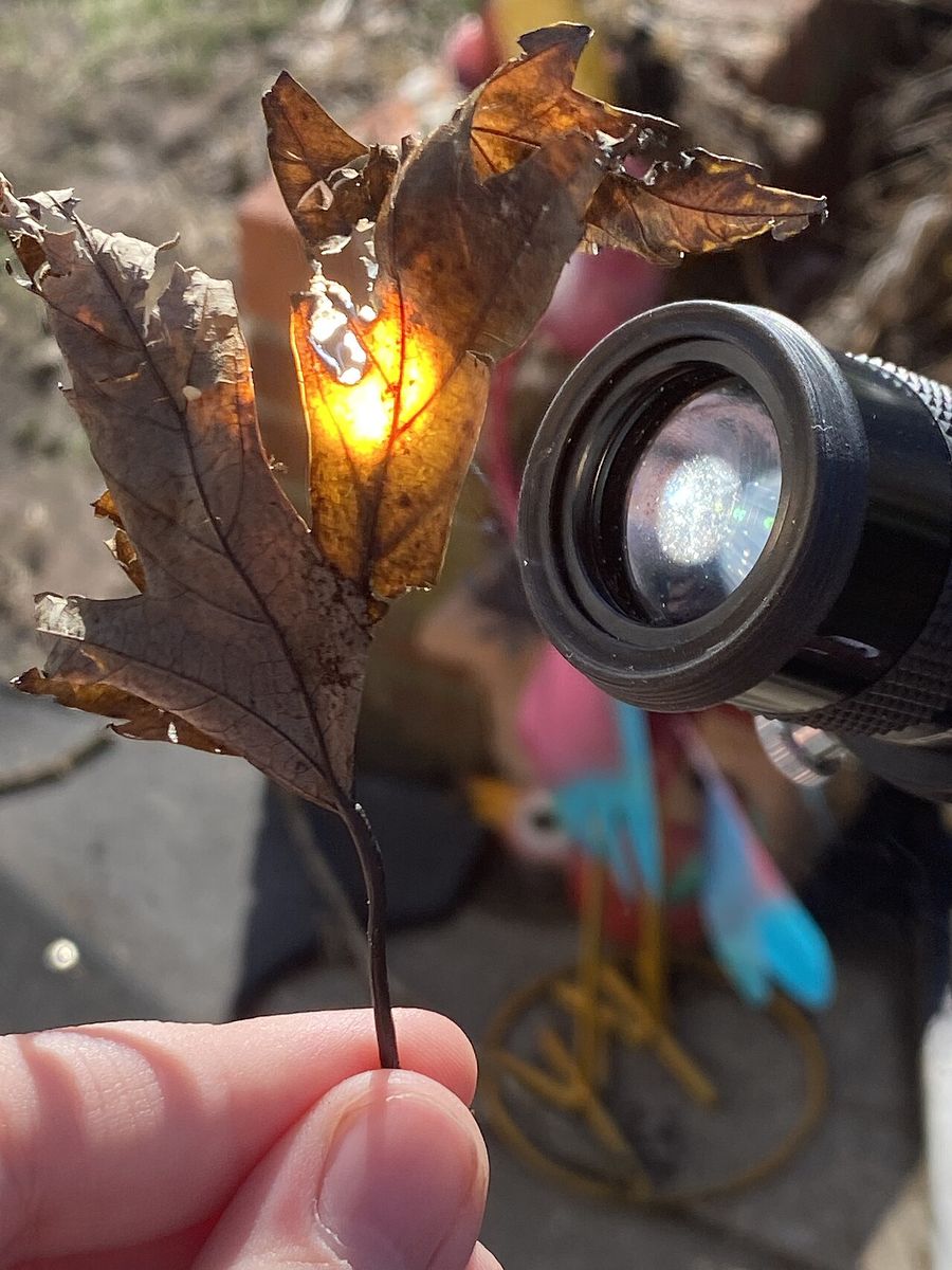 A dry leaf glowing where a small lens focuses sunlight onto it