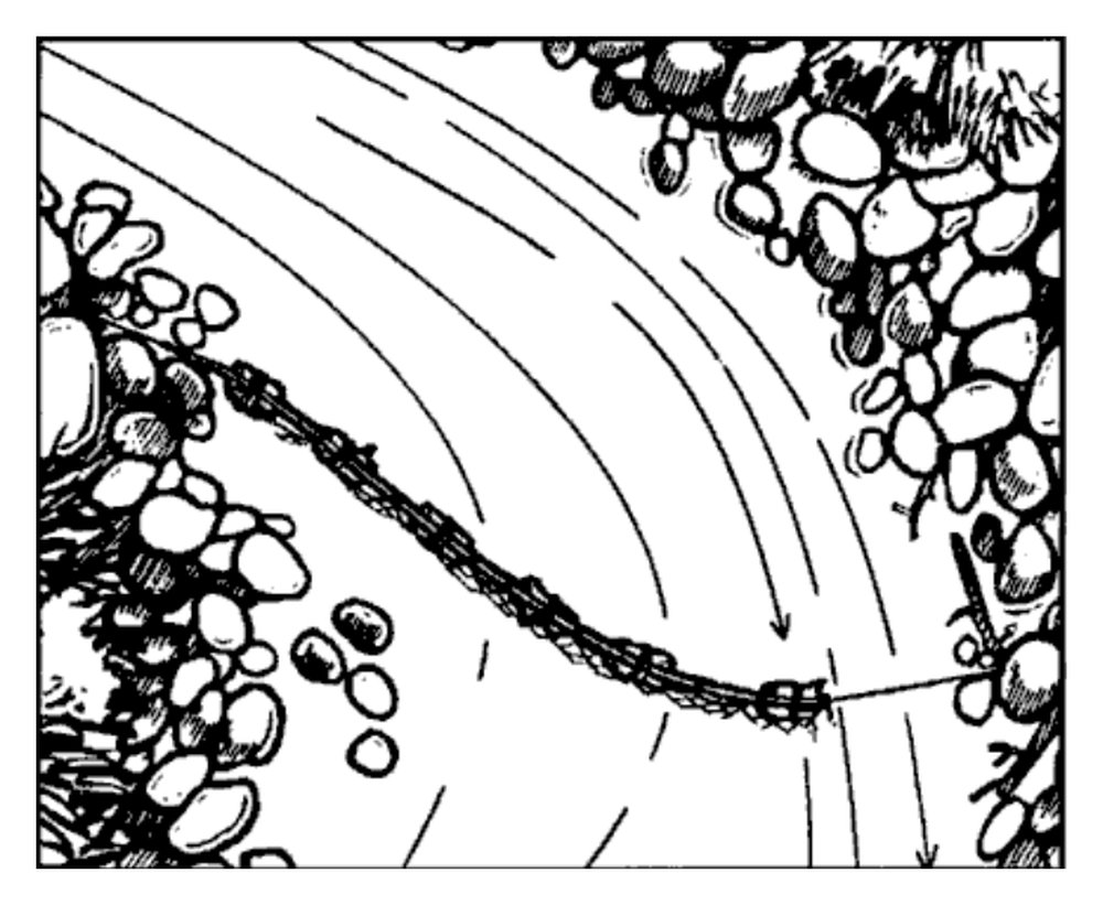 Drawing of a gill net set across a stream