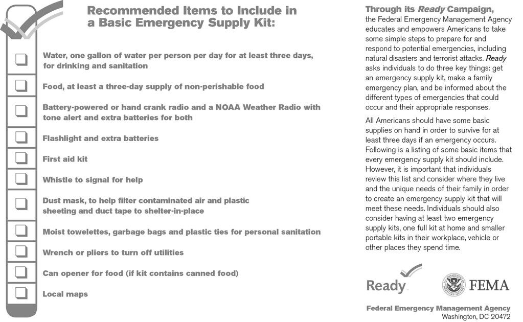 A Ready.gov and FEMA checklist of recommended items for a basic emergency supply kit