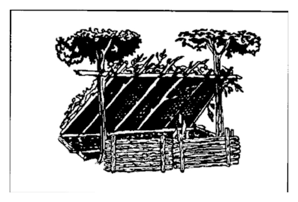 Drawing of a lean-to with a log fire reflector in front