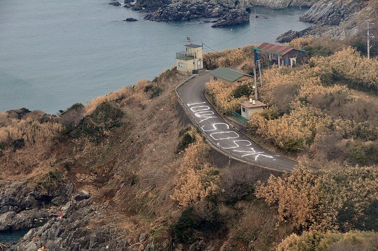 SOS and other words painted in big white letters on a road, seen from above