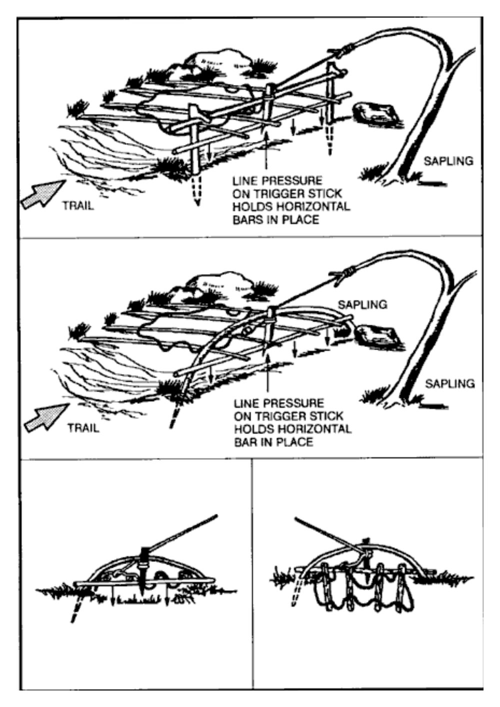 Drawing of a treadle snare set in a trail, step by step