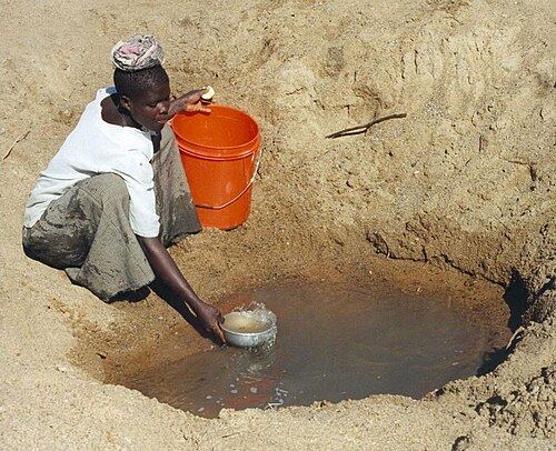 A woman scoops water from a hole dug in dry sand with a bowl