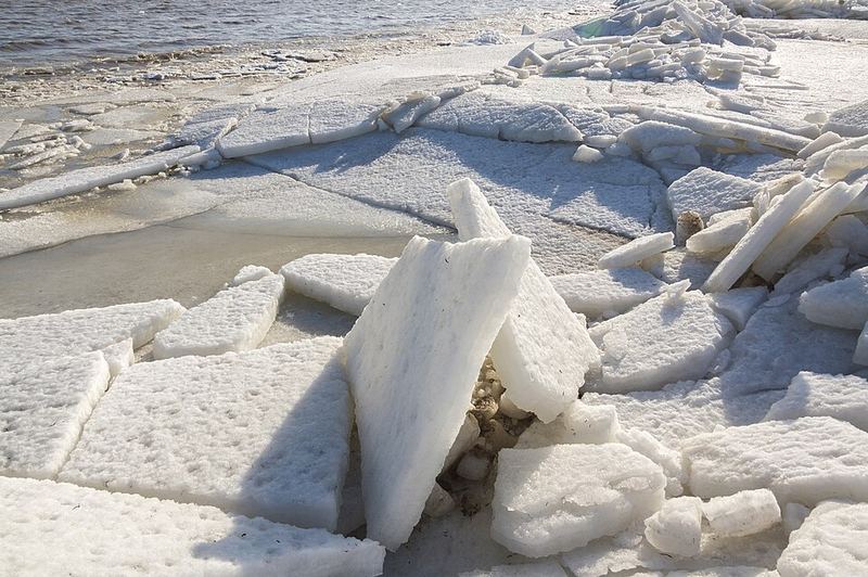 Broken slabs of white sea ice piled on a frozen shore