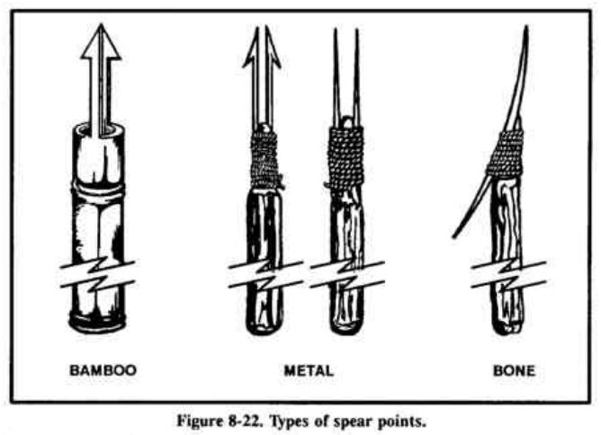 Drawing of spear points made from bamboo, metal and bone
