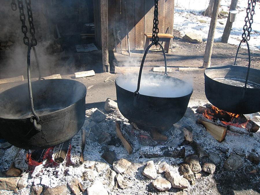 Sap boiling down in iron kettles over an open fire